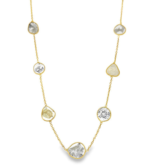 18KT YELLOW GOLD BEZELED DIAMOND SLICE CUT NECKLACE 18