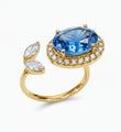 14KT YELLOW GOLD DIAMONDS AND OVAL BLUE SAPPHIRE OPEN RING
