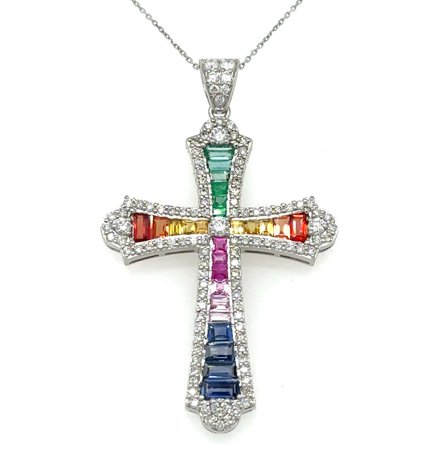 14KT WHITE GOLD MULTI SAPPHIRE, EMERALD AND DIAMONDS CROSS PENDANT