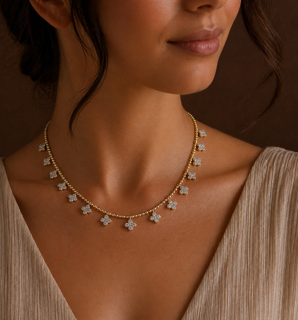 14KT TWO TONE GOLD DIAMOND CLOVER DANGLING NECKLACE